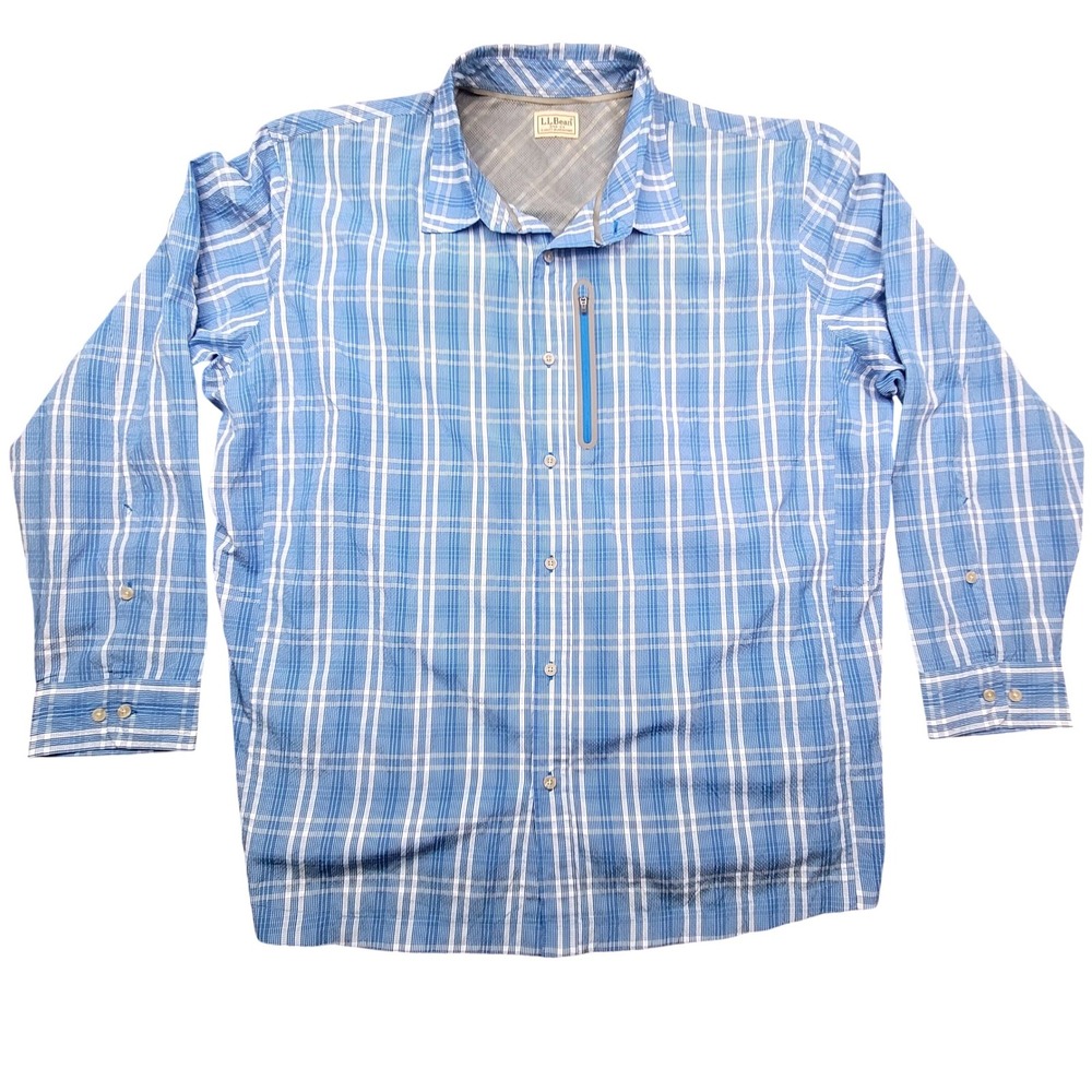 LL Bean Mens XXL Blue Plaid Technical Fishing Hiking Shirt Roll Tab